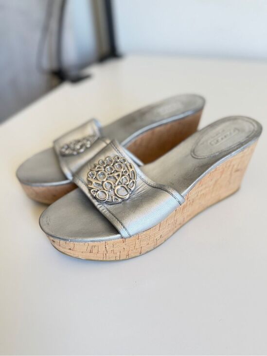 Coach Shoes - Coach Judith Metallic Silver Wedge Slide Sandals 8.5b